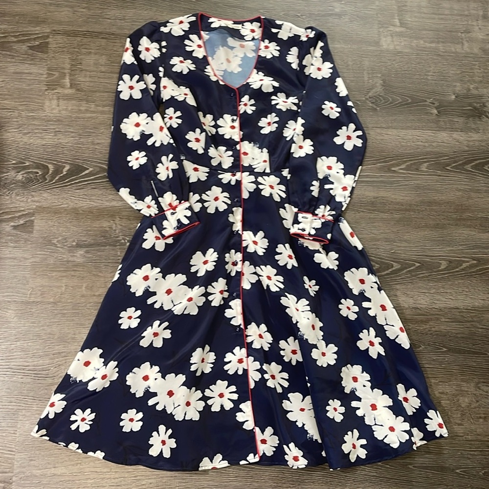 Saint Geraldine Womens‎ Blue Floral Fit & Flare Midi Dress Size Long Sleeves
